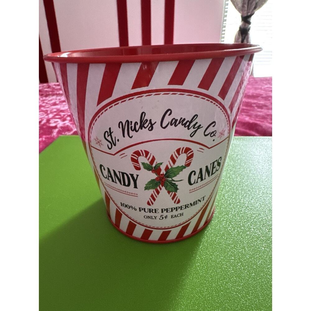 St. Nick Candy Co. Metal Bucket Red White Christmas Candy Cane Stripes